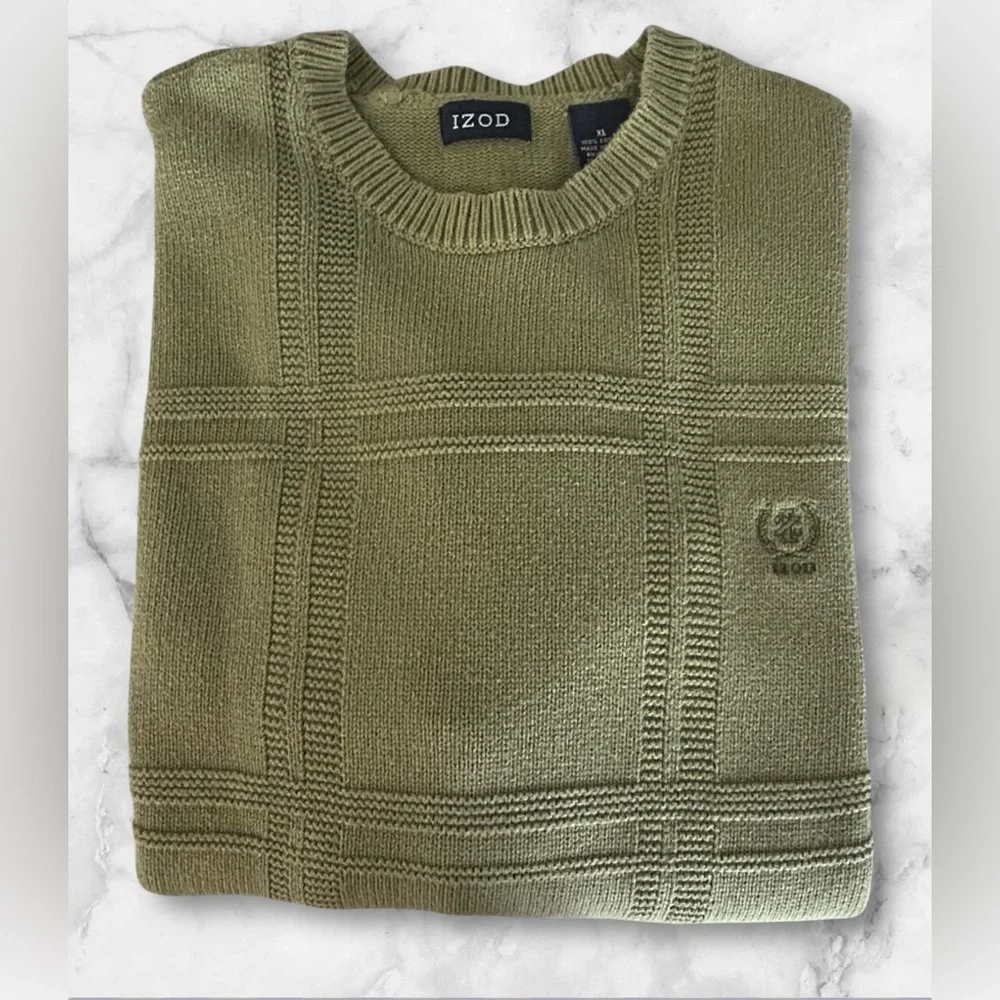 IZOD Olive Green Textured Crewneck Windowpane Sweater Classic Fit Size XL - Picture 5 of 10